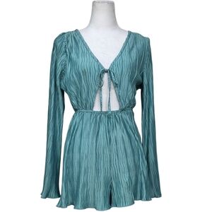 4th & Reckless Teal Crinkle Long-Sleeve Romper with Front Tie Size XS